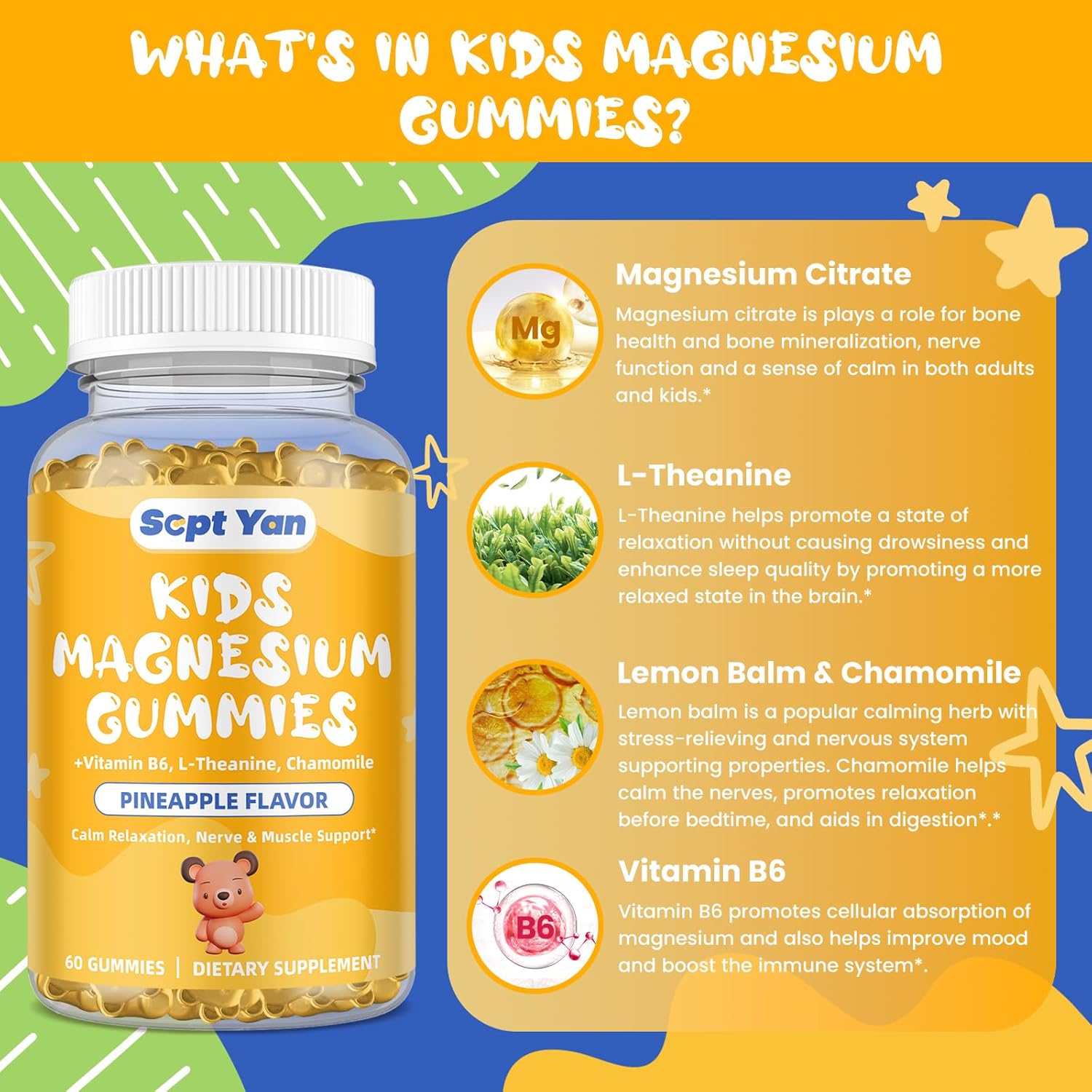 Kid's Calm Magnesium Gummies with Vitamin B6 & L-theanine - Natural Sleep Aid with Chamomile & Lemon Balm - Pineapple Flavor 60 Gummies