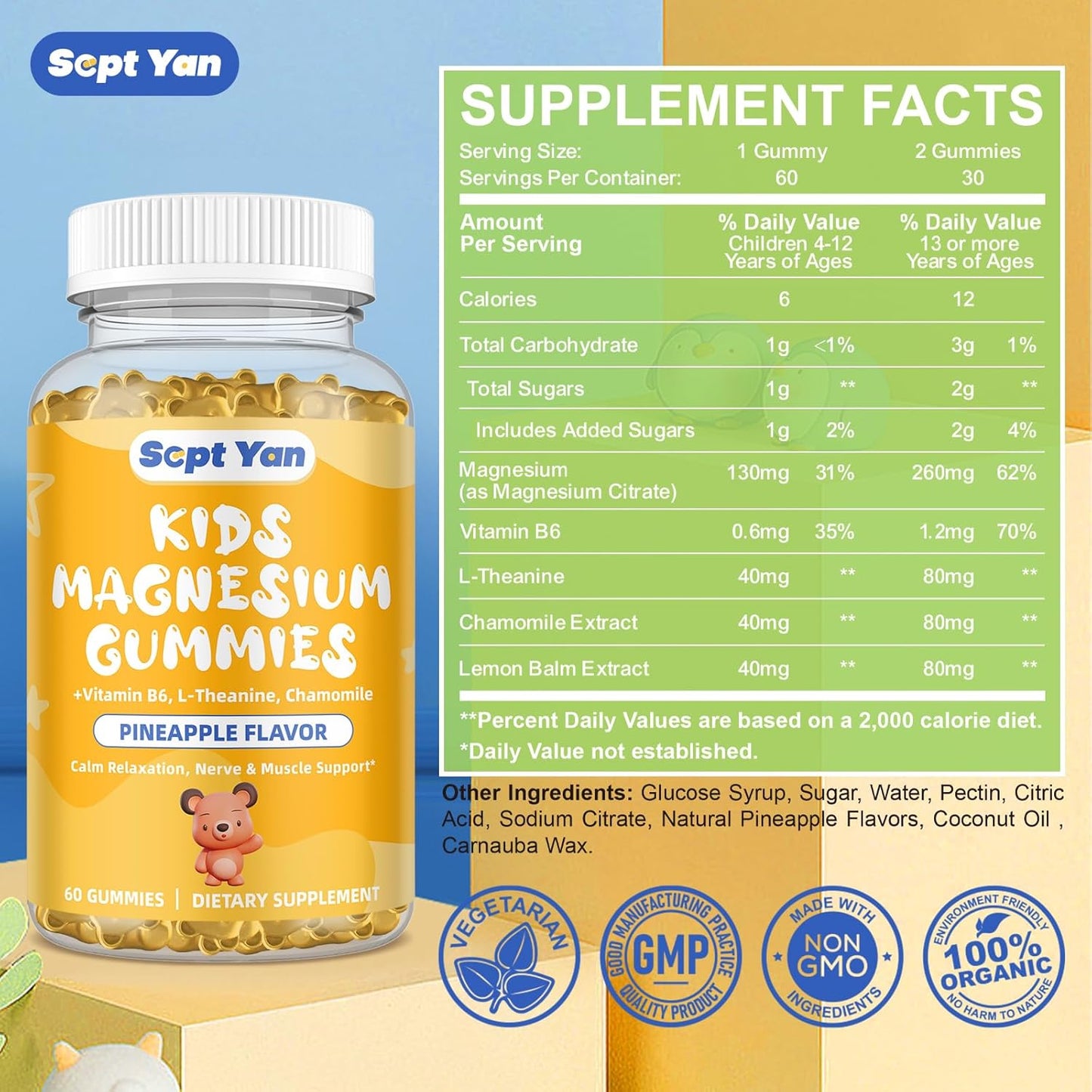 Kid's Calm Magnesium Gummies with Vitamin B6 & L-theanine - Natural Sleep Aid with Chamomile & Lemon Balm - Pineapple Flavor 60 Gummies