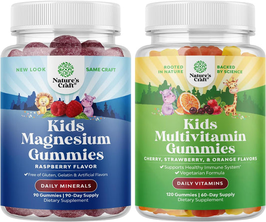 Kids Calm Magnesium & Multivitamin Gummies Bundle - Nerve, Bone, Muscle Health - Immunity Support - Plant Based - 90 Magnesium Gummies & 120 Multivitamin Gummies