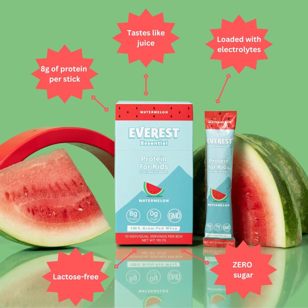 Kid's Clear Whey Protein Powder with Electrolytes - Watermelon Flavor, 10 Packets - 8g Protein Per Serving, Non GMO