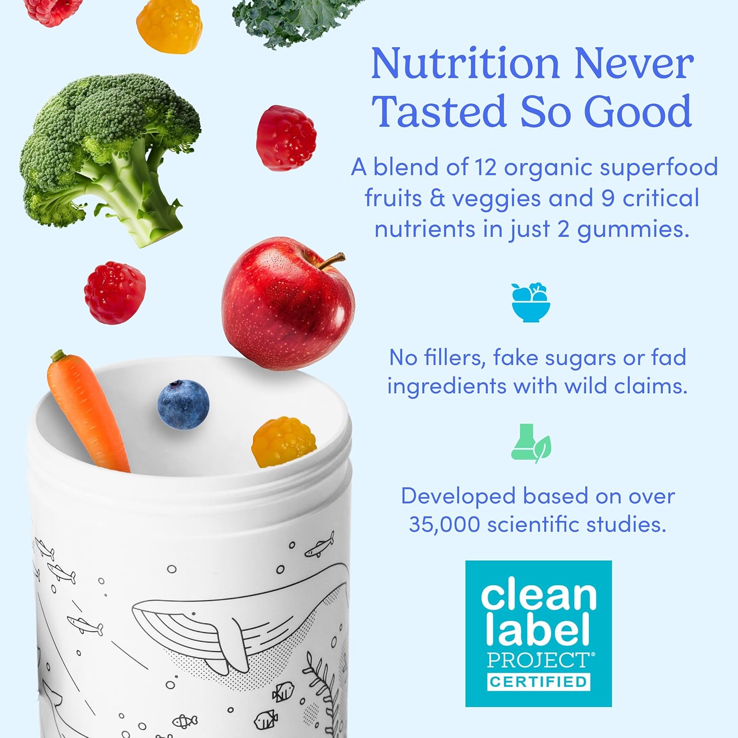 Kids Essential Multivitamin Gummies with Vitamin A, D3, B6, B12, C, K2 & More - Organic Fruits & Veggies for Growth, Brain, Immunity - Natural Strawberry & Orange Flavor - Low Sugar - 60-Day Supply