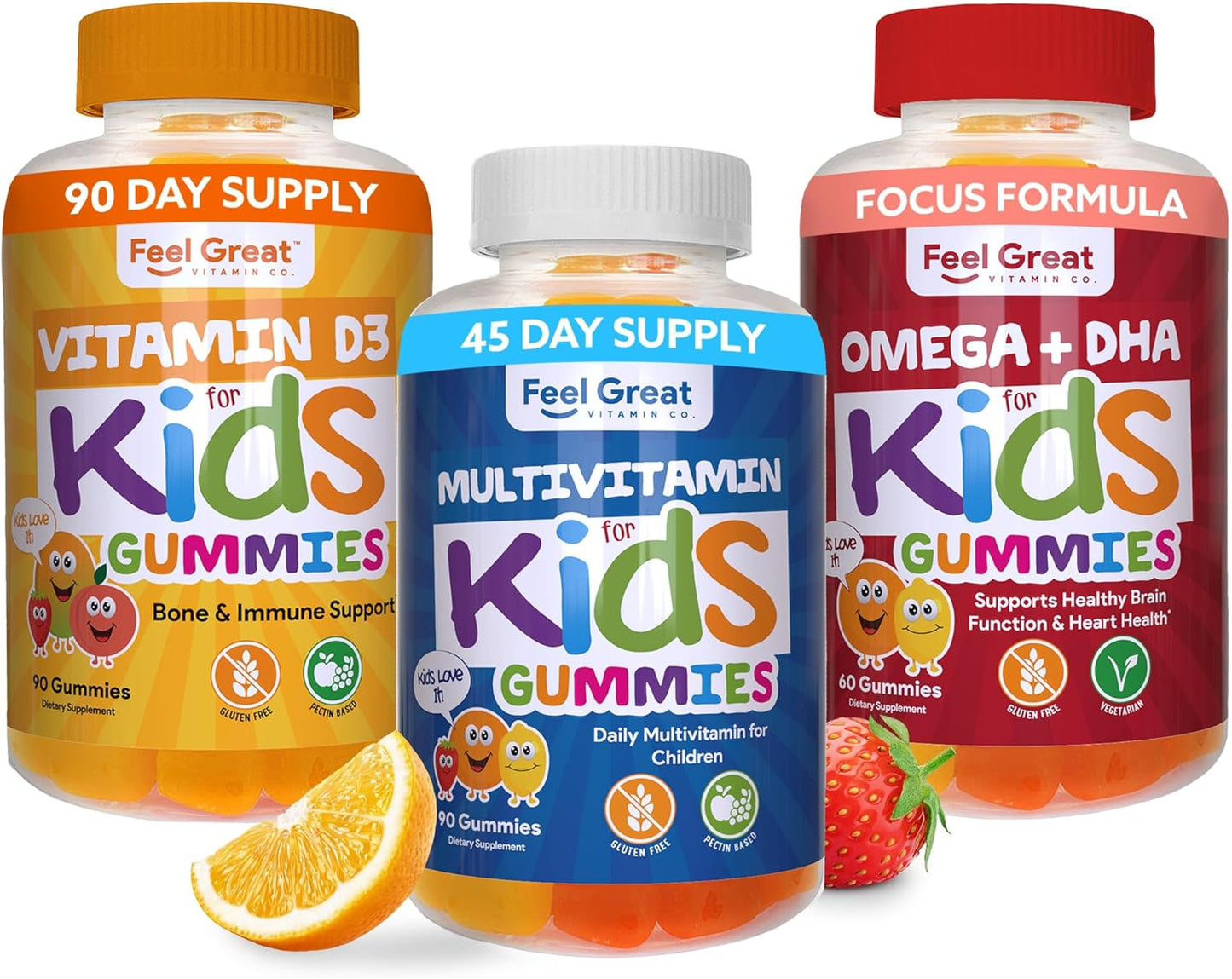 Kids Essential Vitamins Trio: Omega-3 + DHA, Vitamin D, Multivitamin by Feel Great Vitamin Company