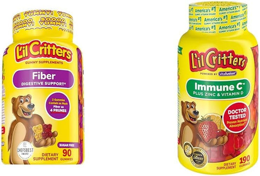 Kids Fiber and Immune Support Gummy Supplements - Berry & Lemon Flavors, Vitamin C, D, Zinc for Digestive & Immune Health