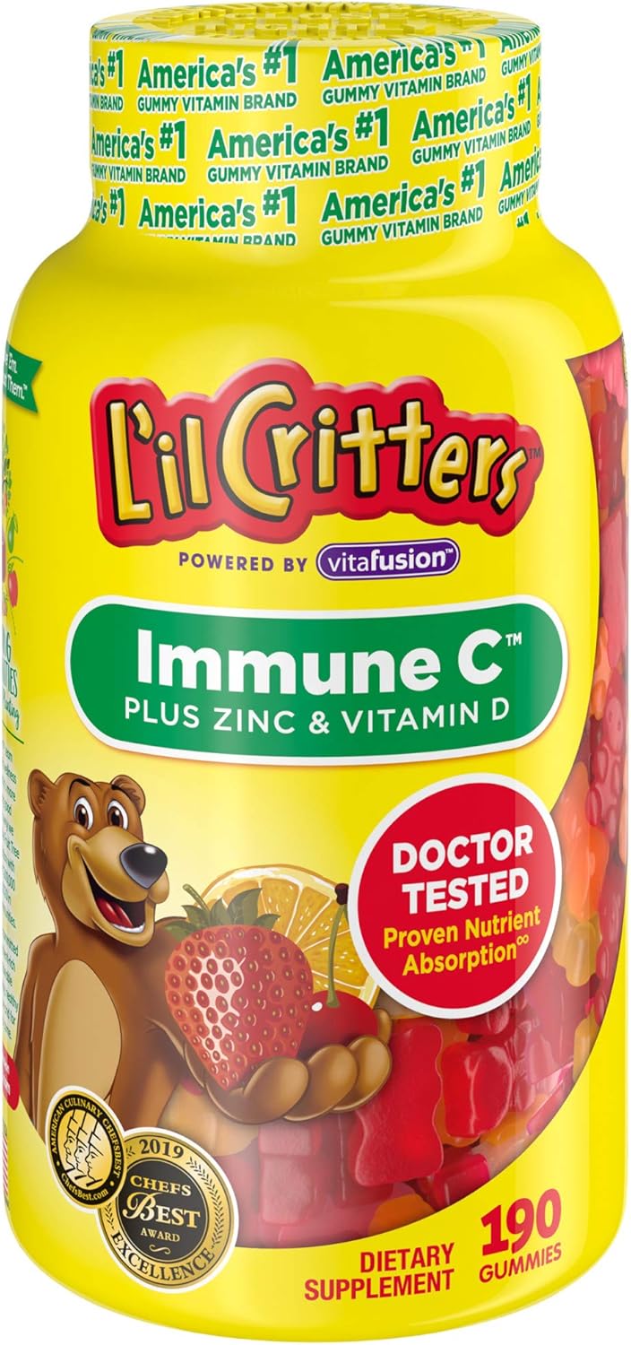 Kids Fiber and Immune Support Gummy Supplements - Berry & Lemon Flavors, Vitamin C, D, Zinc for Digestive & Immune Health