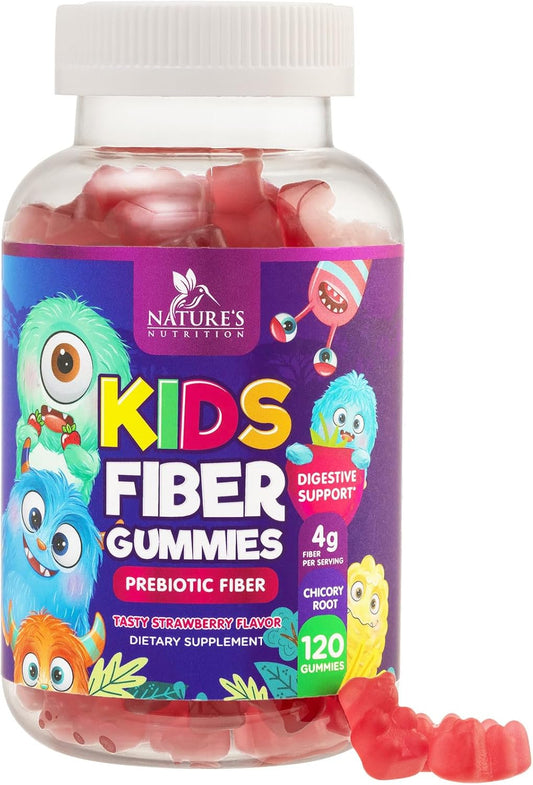 Kids Fiber Gummies Supplement with Prebiotic Fiber - Supports Digestive Health, Regularity, Immune System - Plant Based Vitamins for Children - Vegan Berry Gummies, 120 Count
