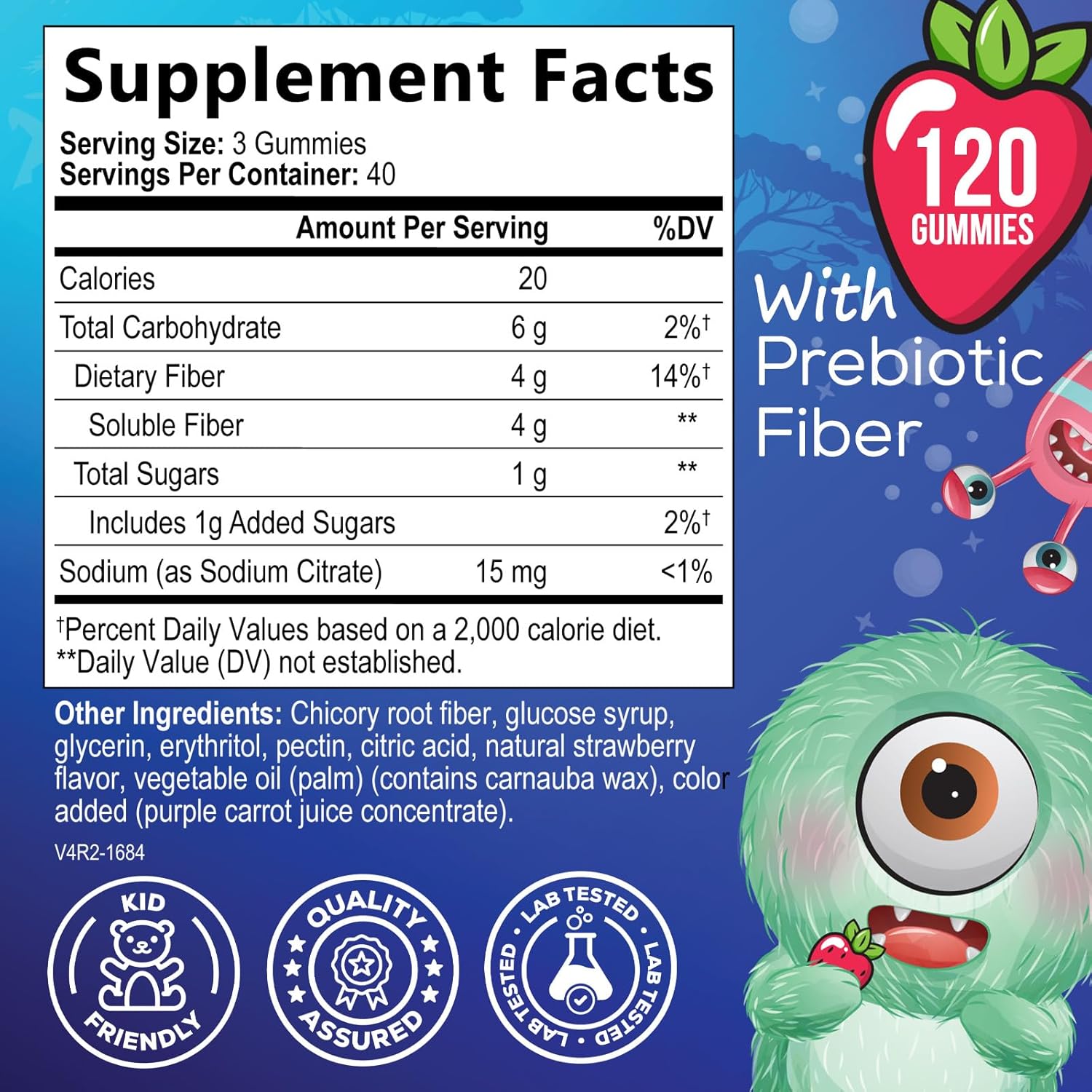 Kids Fiber Gummies Supplement with Prebiotic Fiber - Supports Digestive Health, Regularity, Immune System - Plant Based Vitamins for Children - Vegan Berry Gummies, 120 Count