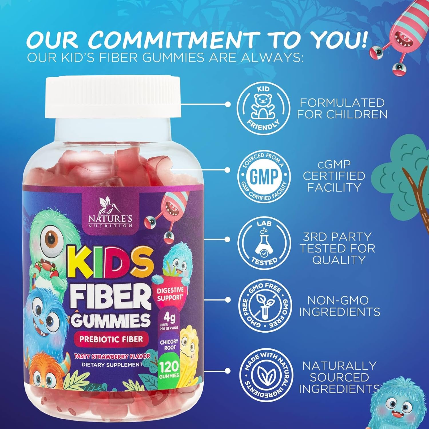 Kids Fiber Gummies Supplement with Prebiotic Fiber - Supports Digestive Health, Regularity, Immune System - Plant Based Vitamins for Children - Vegan Berry Gummies, 120 Count