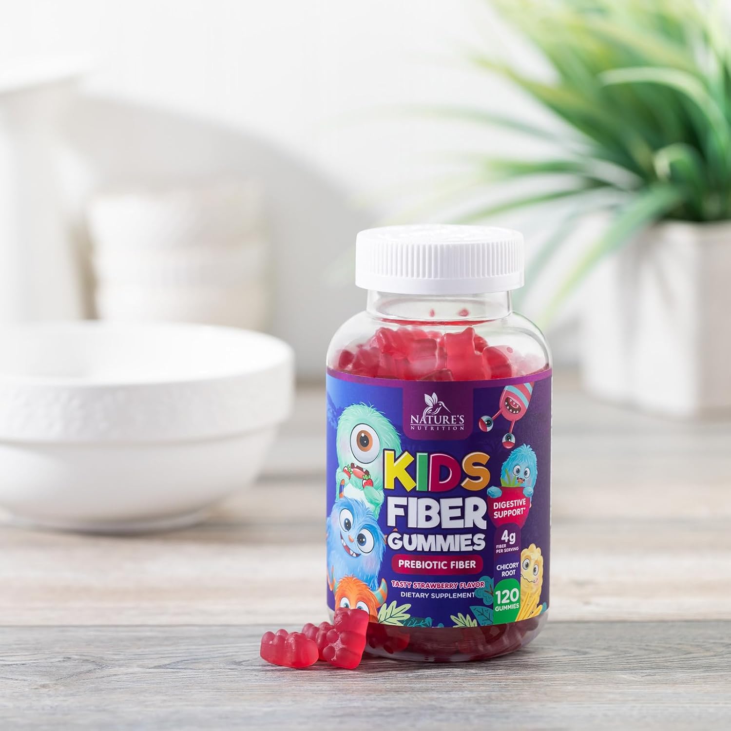 Kids Fiber Gummies Supplement with Prebiotic Fiber - Supports Digestive Health, Regularity, Immune System - Plant Based Vitamins for Children - Vegan Berry Gummies, 120 Count