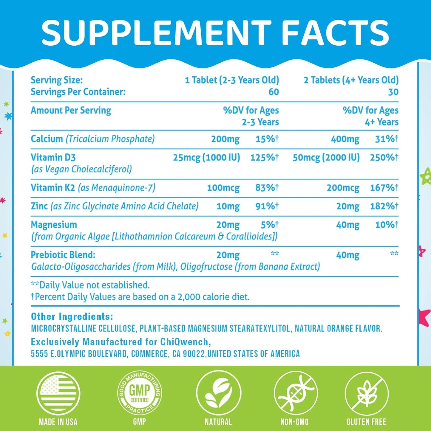 Kids' Height Boost Calcium Supplement with Vitamin D3, K2, Zinc, Magnesium & Prebiotics - High Absorption Orange Chewables for Bone Strength - Non-GMO, Gluten Free - 60 Tabs