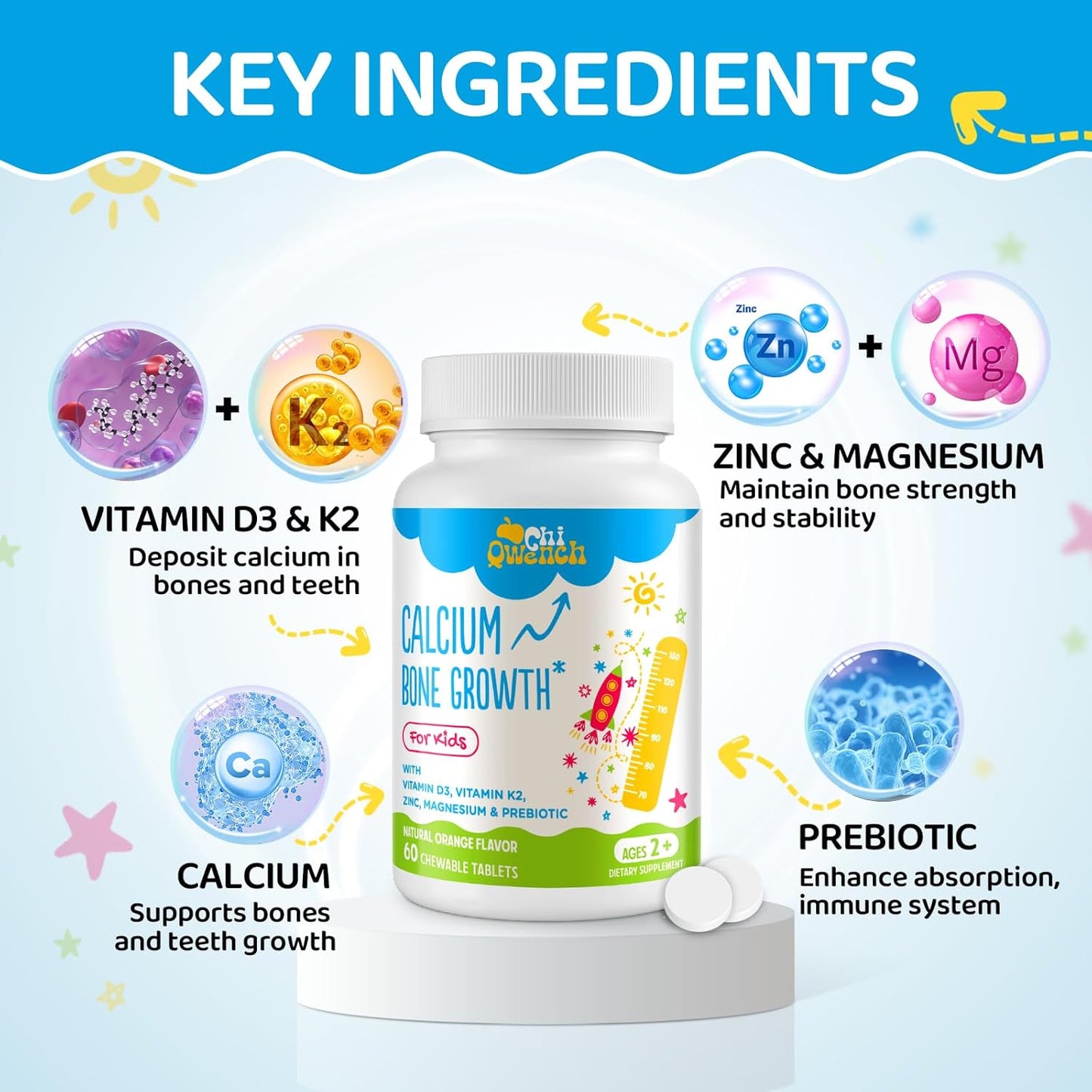 Kids' Height Boost Calcium Supplement with Vitamin D3, K2, Zinc, Magnesium & Prebiotics - High Absorption Orange Chewables for Bone Strength - Non-GMO, Gluten Free - 60 Tabs
