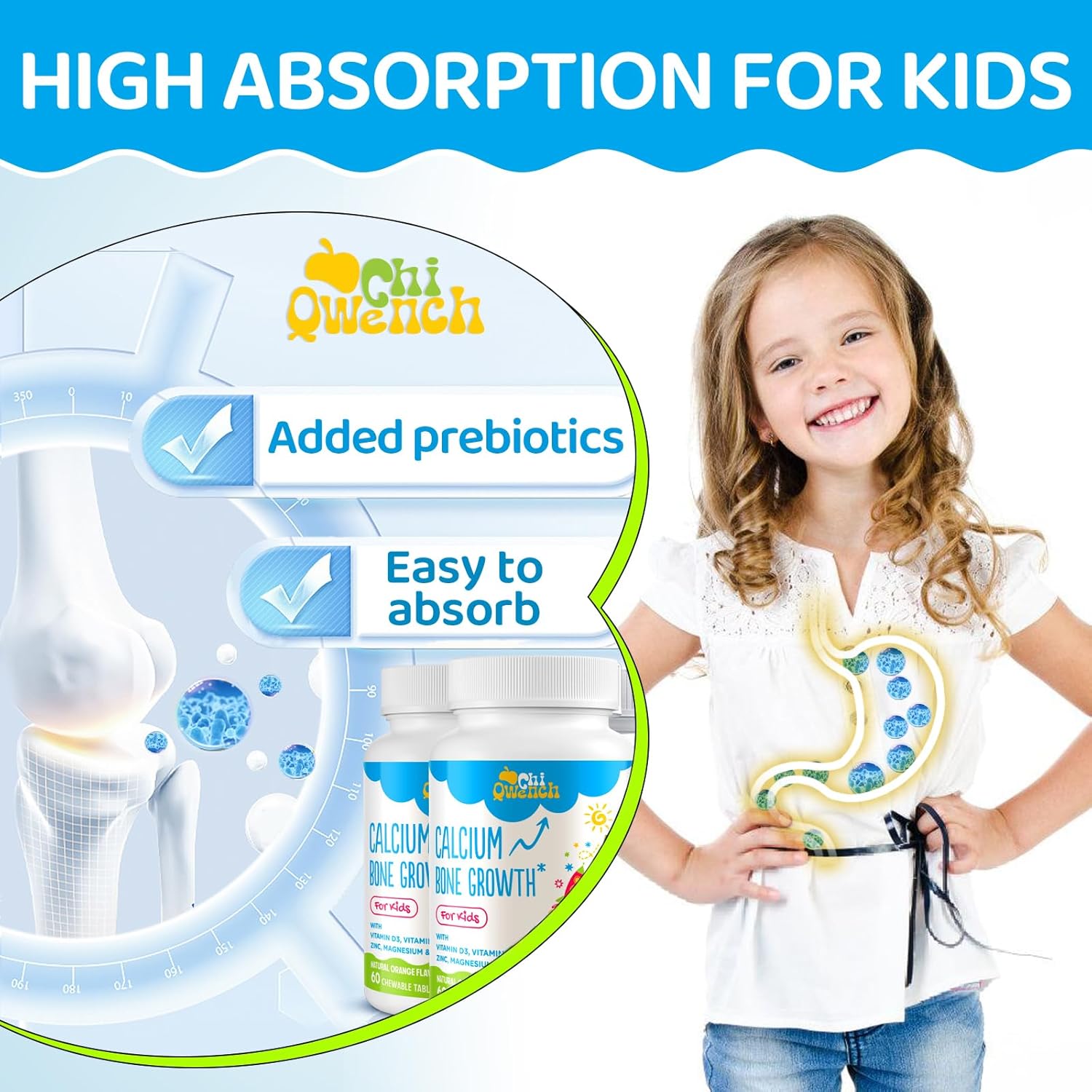 Kids' Height Boost Calcium Supplement with Vitamin D3, K2, Zinc, Magnesium & Prebiotics - High Absorption Orange Chewables for Bone Strength - Non-GMO, Gluten Free - 60 Tabs