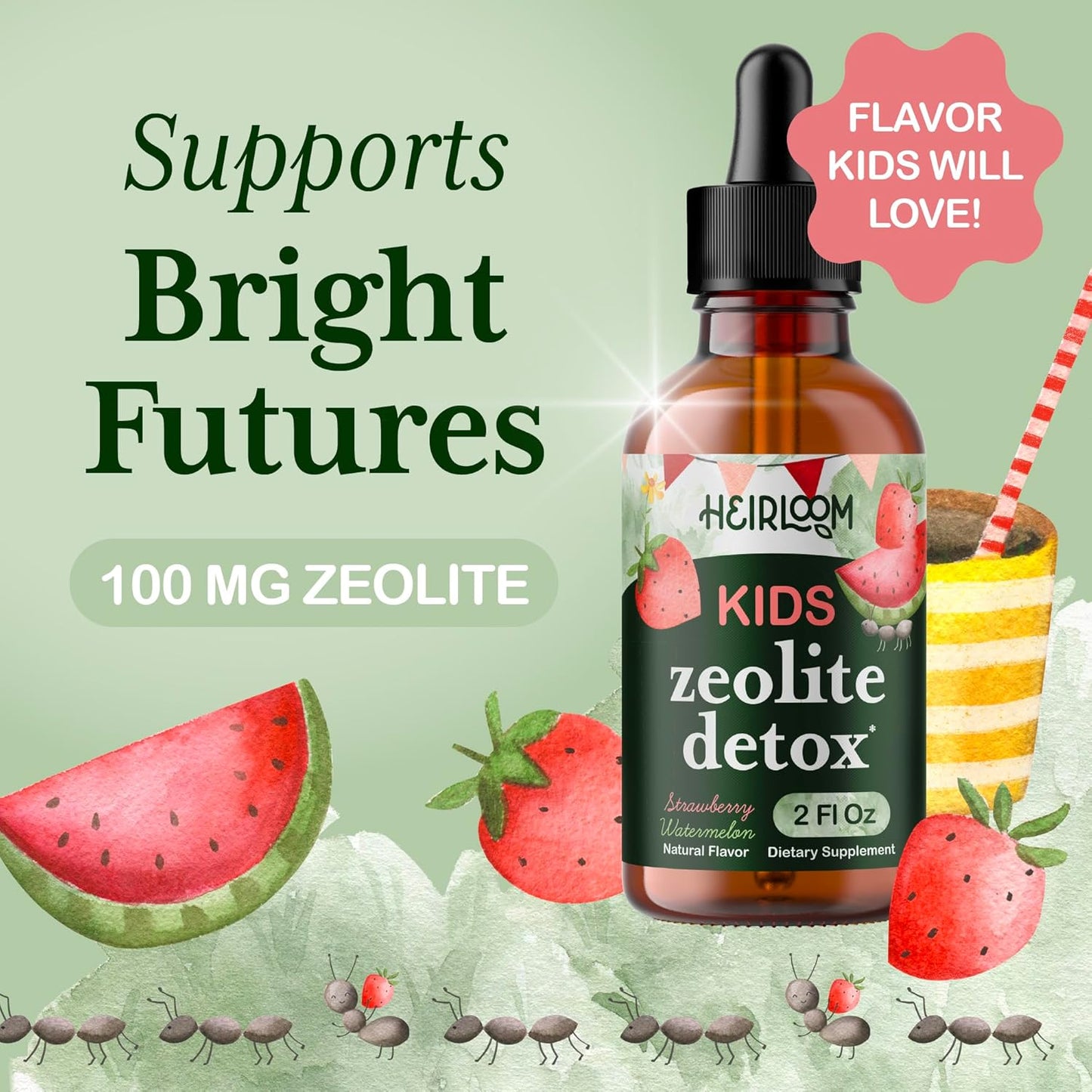 Kids' Heirloom Zeolite Detox Liquid Drops with Vitamin B12, C, D3 for Energy, Immune Support, Focus - 60 Servings, Parasite Cleanse - Vegan, Non-GMO, Preservative-Free