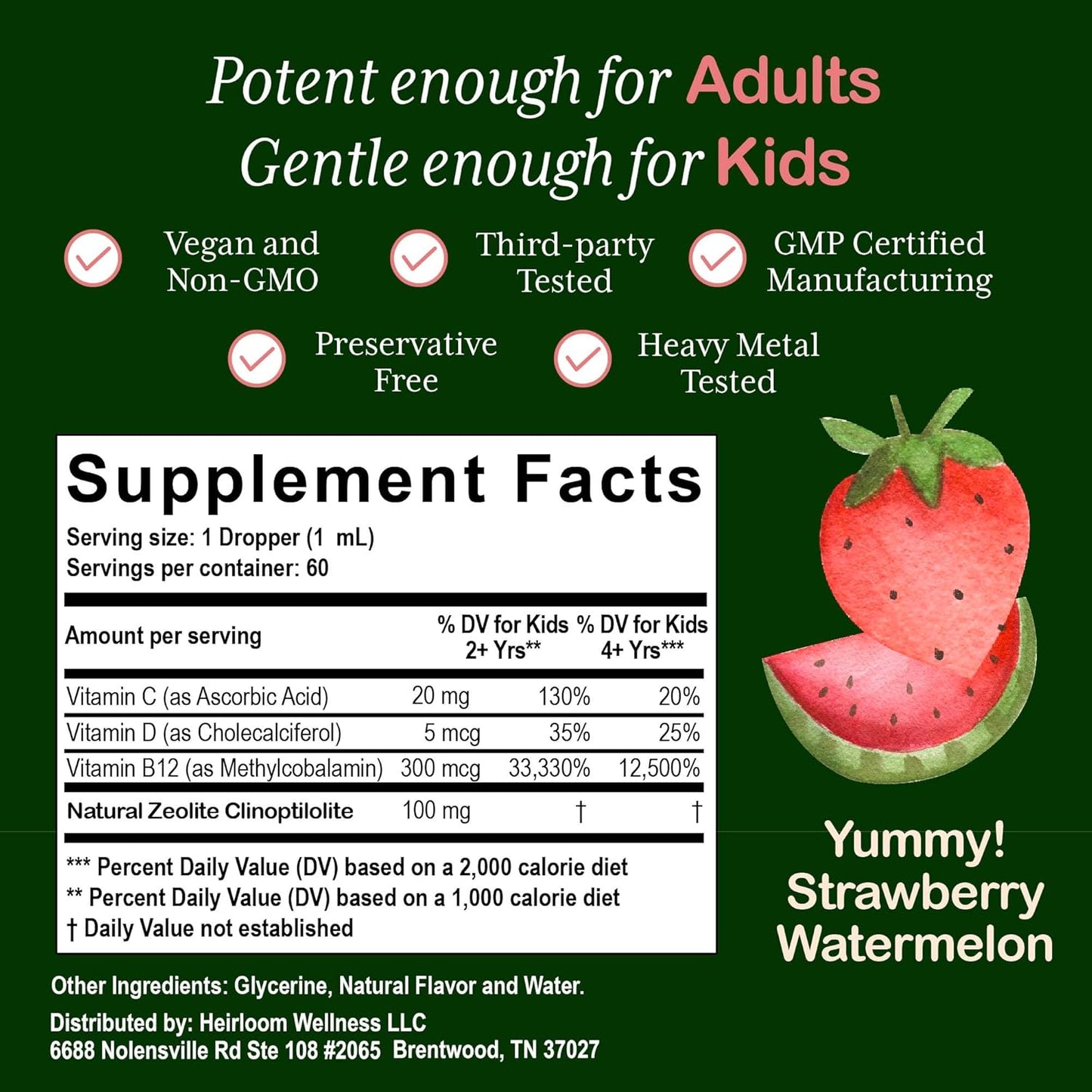 Kids' Heirloom Zeolite Detox Liquid Drops with Vitamin B12, C, D3 for Energy, Immune Support, Focus - 60 Servings, Parasite Cleanse - Vegan, Non-GMO, Preservative-Free