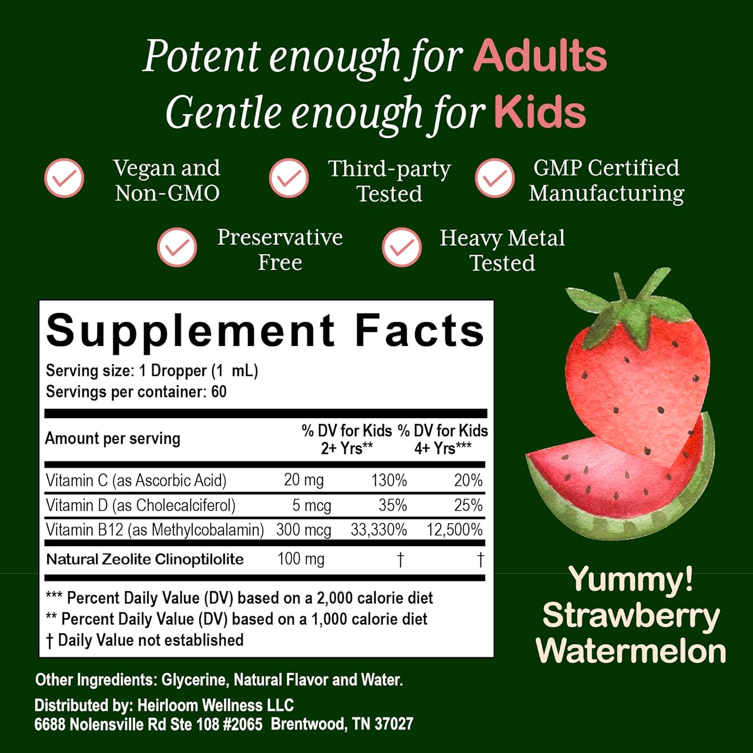 Kids' Heirloom Zeolite Detox Liquid Drops with Vitamin B12, C, D3 for Energy, Immune Support, Focus - 60 Servings, Parasite Cleanse - Vegan, Non-GMO, Preservative-Free