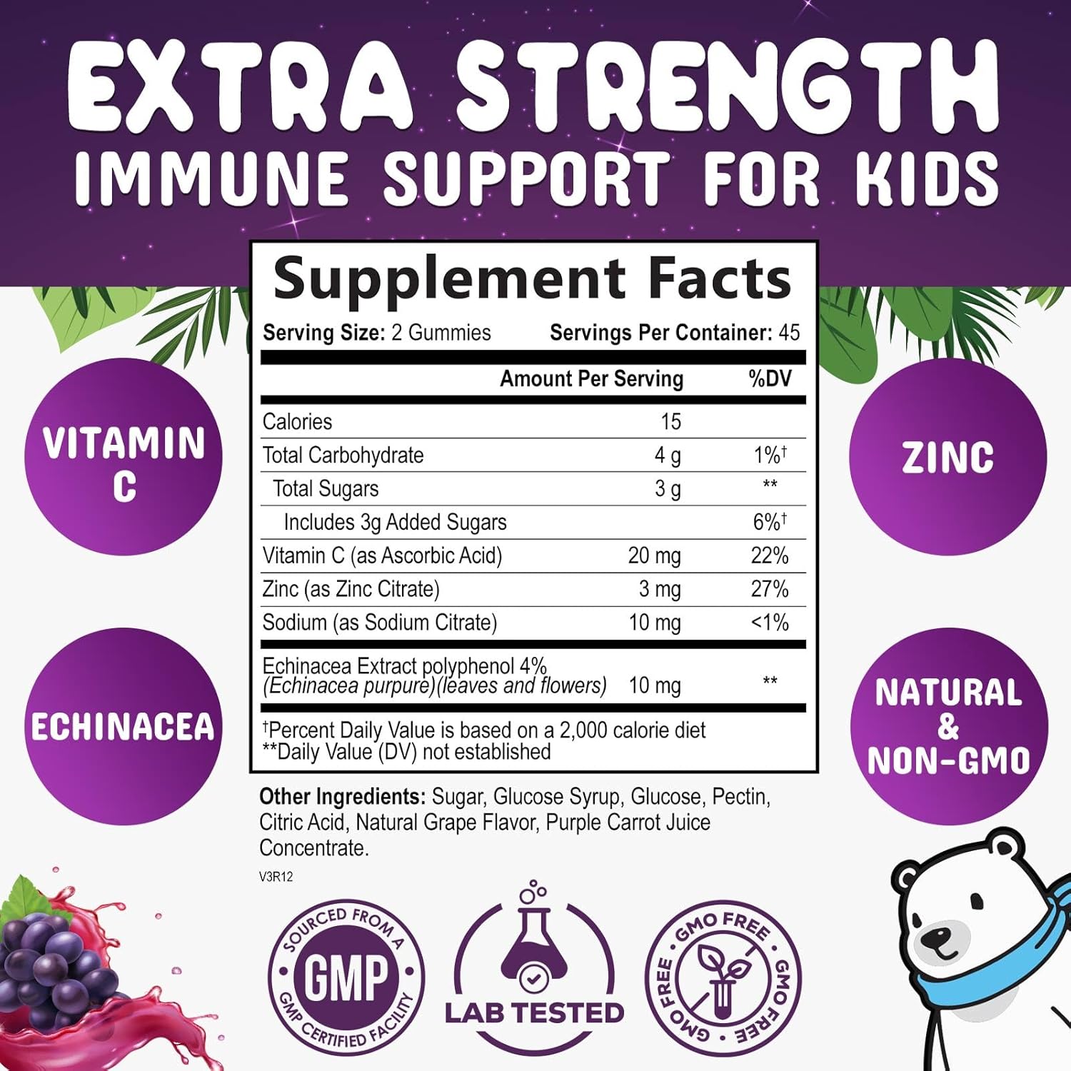 Kids Immune Support Gummies - Vitamin C, Zinc, Echinacea - Vegan & Non-GMO - Natural Berry Flavor - 90 Count