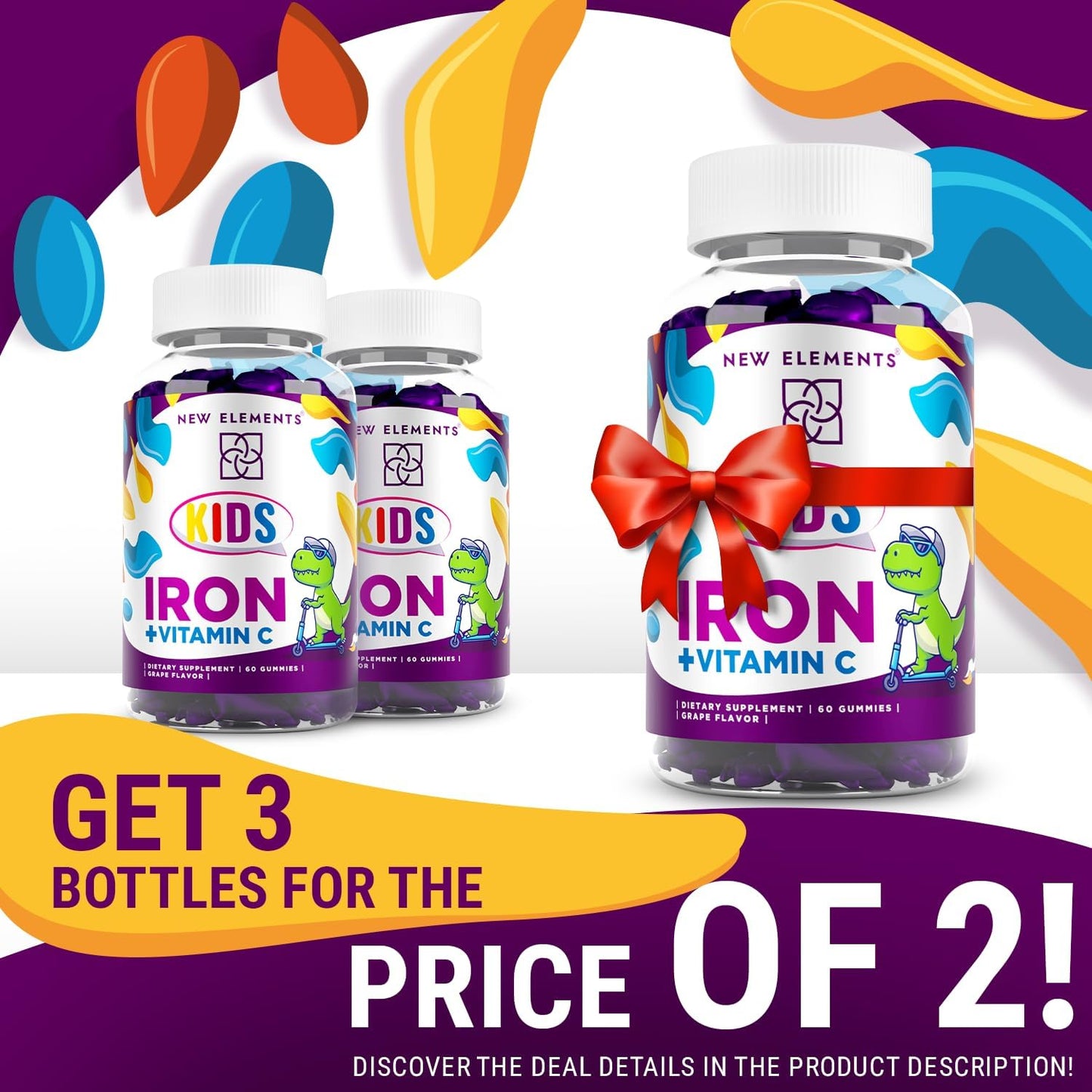 Kids Iron Gummies with Vitamin C - Sugar Free & Vegan | Boost Energy & Blood Health | Anemia Relief | Gluten-Free & Non-GMO | Natural Grape Flavor | Pectin Formula for Optimal Health