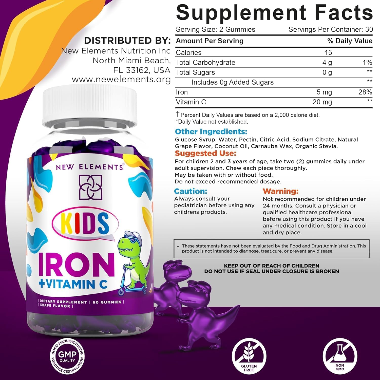 Kids Iron Gummies with Vitamin C - Sugar Free & Vegan | Boost Energy & Blood Health | Anemia Relief | Gluten-Free & Non-GMO | Natural Grape Flavor | Pectin Formula for Optimal Health
