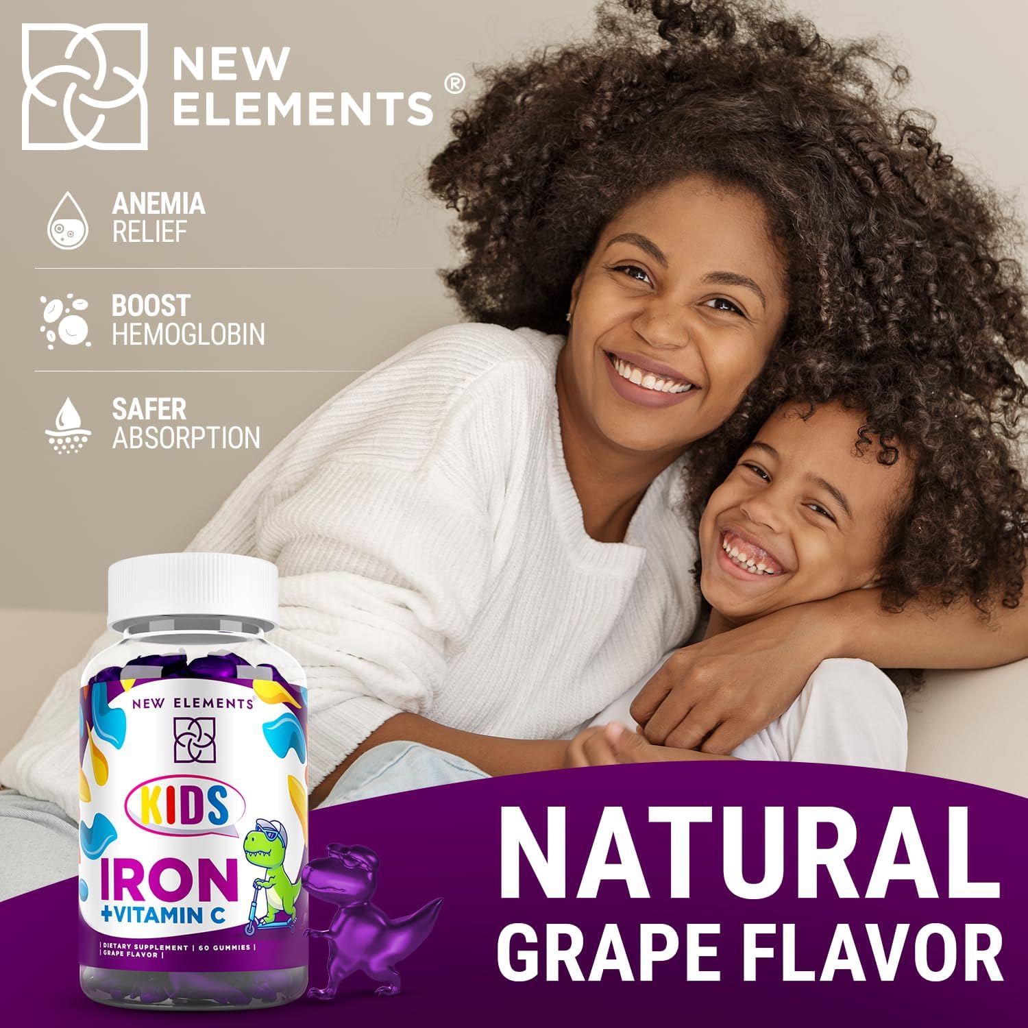 Kids Iron Gummies with Vitamin C - Sugar Free & Vegan | Boost Energy & Blood Health | Anemia Relief | Gluten-Free & Non-GMO | Natural Grape Flavor | Pectin Formula for Optimal Health