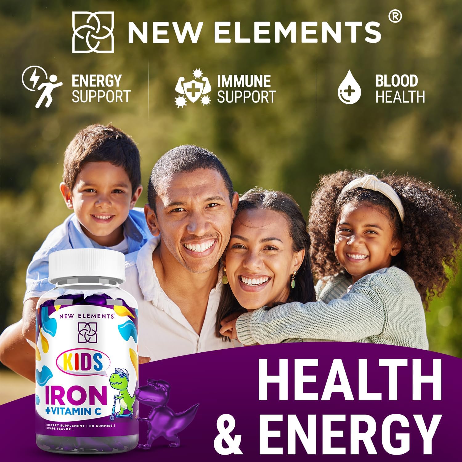 Kids Iron Gummies with Vitamin C - Sugar Free & Vegan | Boost Energy & Blood Health | Anemia Relief | Gluten-Free & Non-GMO | Natural Grape Flavor | Pectin Formula for Optimal Health