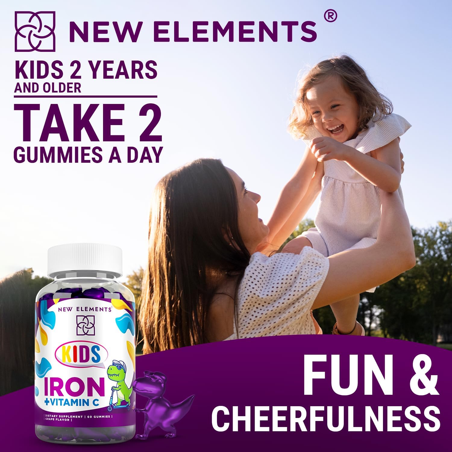 Kids Iron Gummies with Vitamin C - Sugar Free & Vegan | Boost Energy & Blood Health | Anemia Relief | Gluten-Free & Non-GMO | Natural Grape Flavor | Pectin Formula for Optimal Health