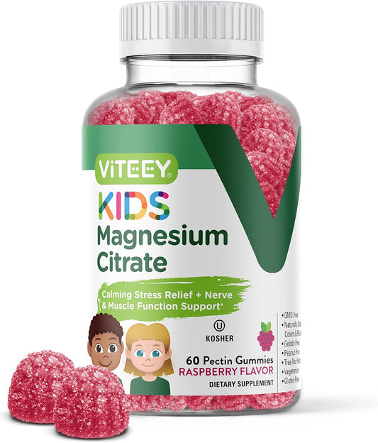 Kids Magnesium Citrate Gummies - Promotes Sleep Aid, Calmness, Muscle Relaxation - Vegetarian, Gelatin-Free, Gluten-Free, GMO-Free - Raspberry Flavored Chewable Gummy