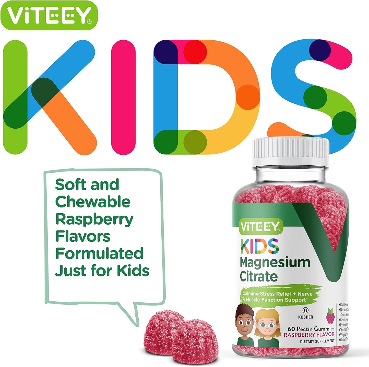 Kids Magnesium Citrate Gummies - Promotes Sleep Aid, Calmness, Muscle Relaxation - Vegetarian, Gelatin-Free, Gluten-Free, GMO-Free - Raspberry Flavored Chewable Gummy