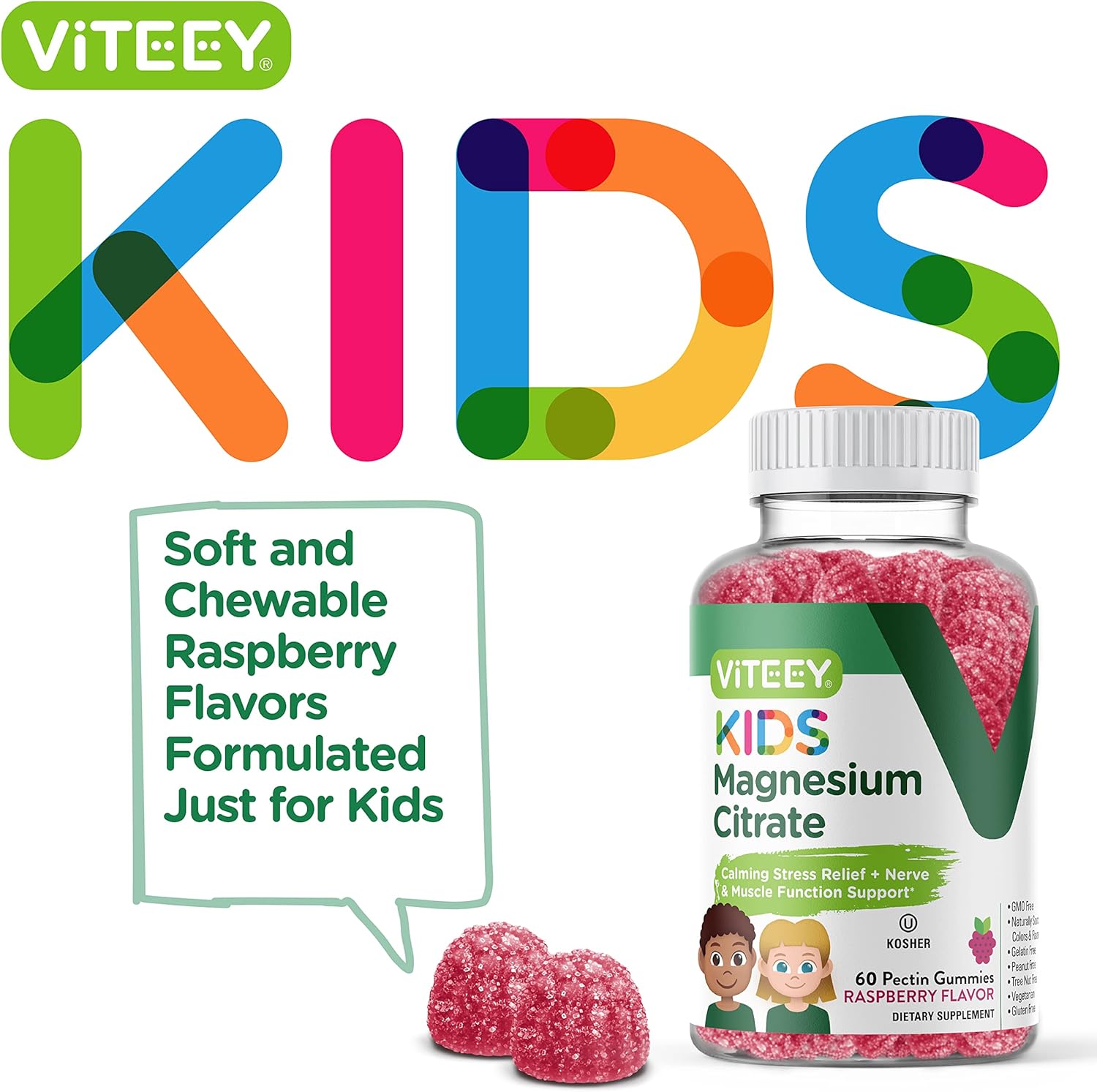 Kids Magnesium Citrate Gummies - Promotes Sleep Aid, Calmness, Muscle Relaxation - Vegetarian, Gelatin-Free, Gluten-Free, GMO-Free - Raspberry Flavored Chewable Gummy