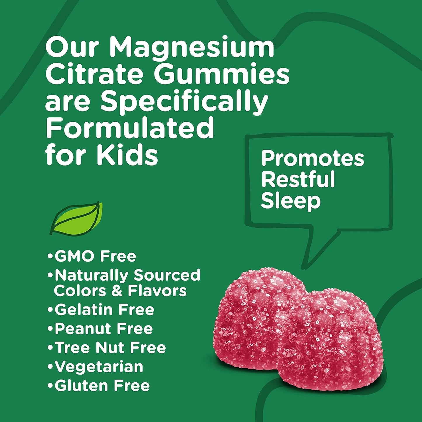 Kids Magnesium Citrate Gummies - Promotes Sleep Aid, Calmness, Muscle Relaxation - Vegetarian, Gelatin-Free, Gluten-Free, GMO-Free - Raspberry Flavored Chewable Gummy
