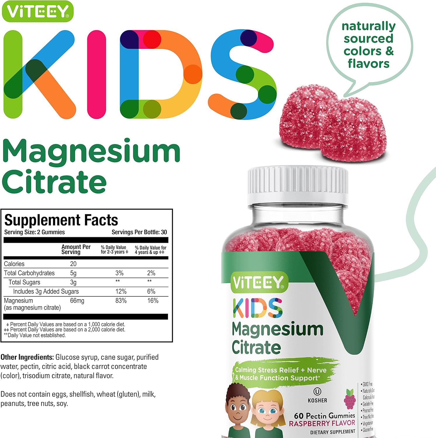 Kids Magnesium Citrate Gummies - Promotes Sleep Aid, Calmness, Muscle Relaxation - Vegetarian, Gelatin-Free, Gluten-Free, GMO-Free - Raspberry Flavored Chewable Gummy