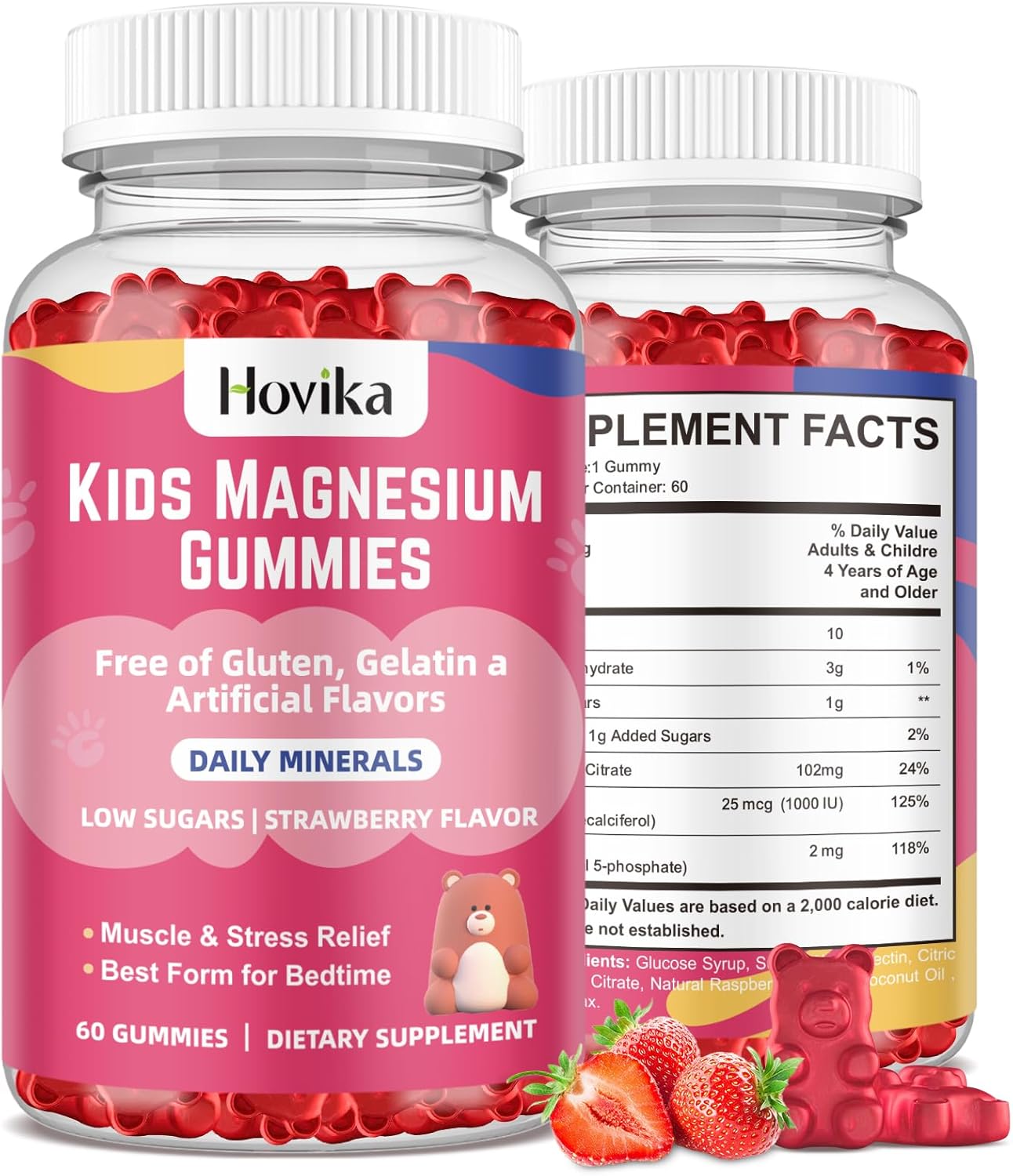 Kids Magnesium Citrate Gummies - Vegan Strawberry Flavor Supplement for Nerve, Bone, & Muscle Health - 2 Pack, 60 Count