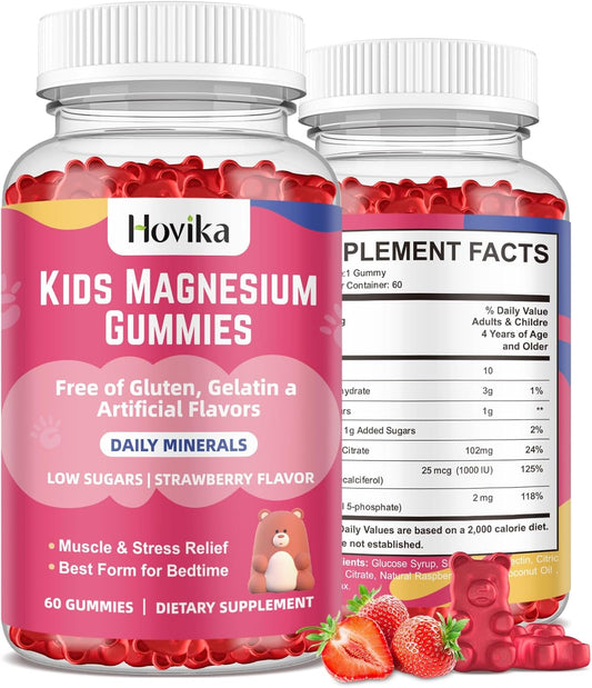 Kids Magnesium Citrate Gummies - Vegan Strawberry Flavor Supplement for Nerve, Bone, & Muscle Health - 2 Pack, 60 Count