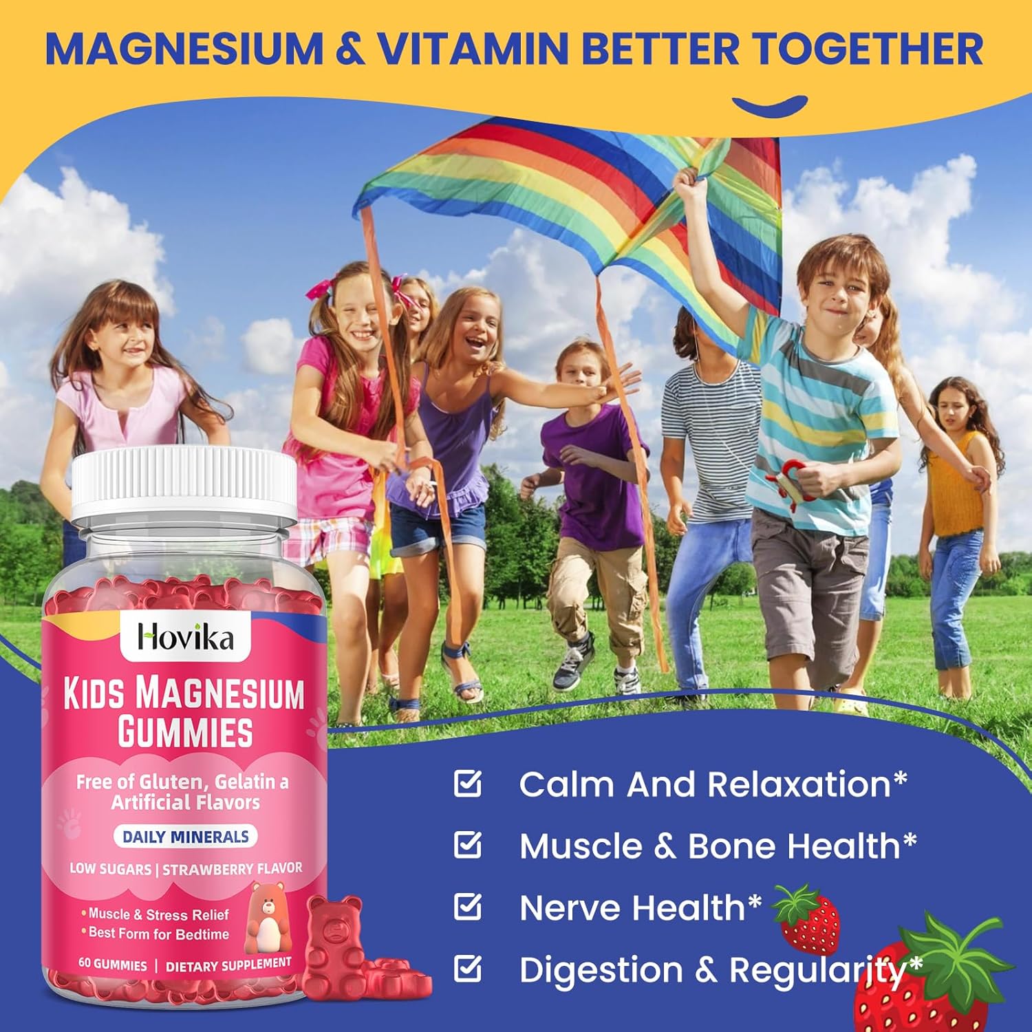 Kids Magnesium Citrate Gummies - Vegan Strawberry Flavor Supplement for Nerve, Bone, & Muscle Health - 2 Pack, 60 Count