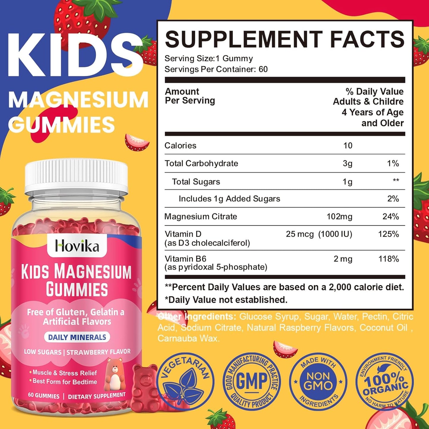 Kids Magnesium Citrate Gummies - Vegan Strawberry Flavor Supplement for Nerve, Bone, & Muscle Health - 2 Pack, 60 Count