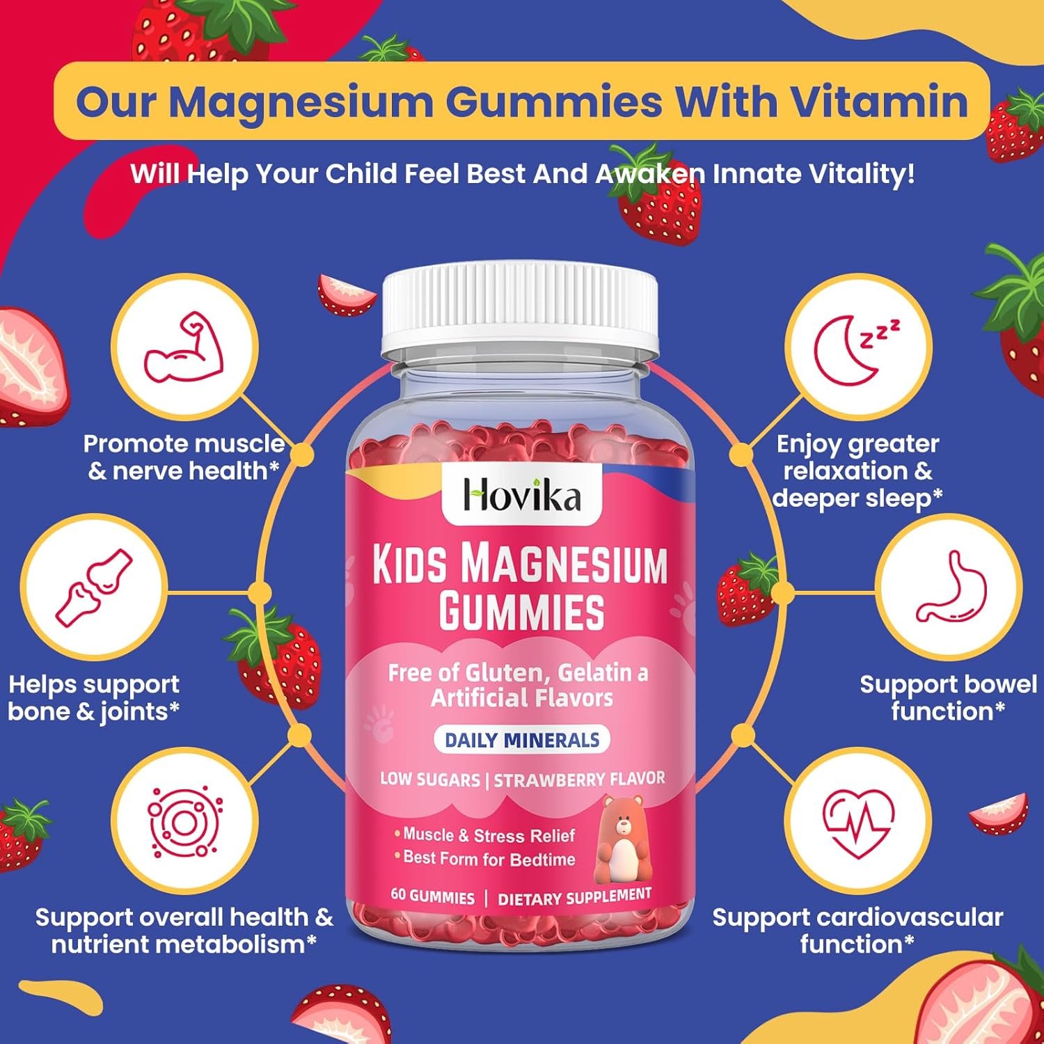 Kids Magnesium Citrate Gummies - Vegan Strawberry Flavor Supplement for Nerve, Bone, & Muscle Health - 2 Pack, 60 Count