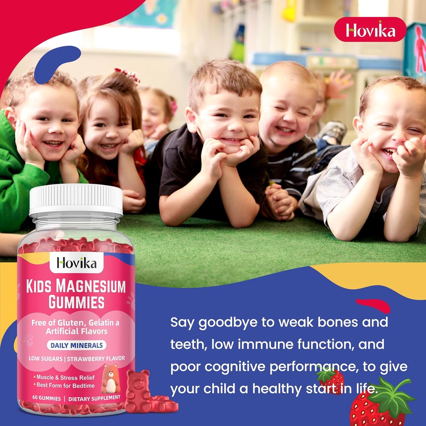 Kids Magnesium Citrate Gummies - Vegan Strawberry Flavor Supplement for Nerve, Bone, & Muscle Health - 2 Pack, 60 Count