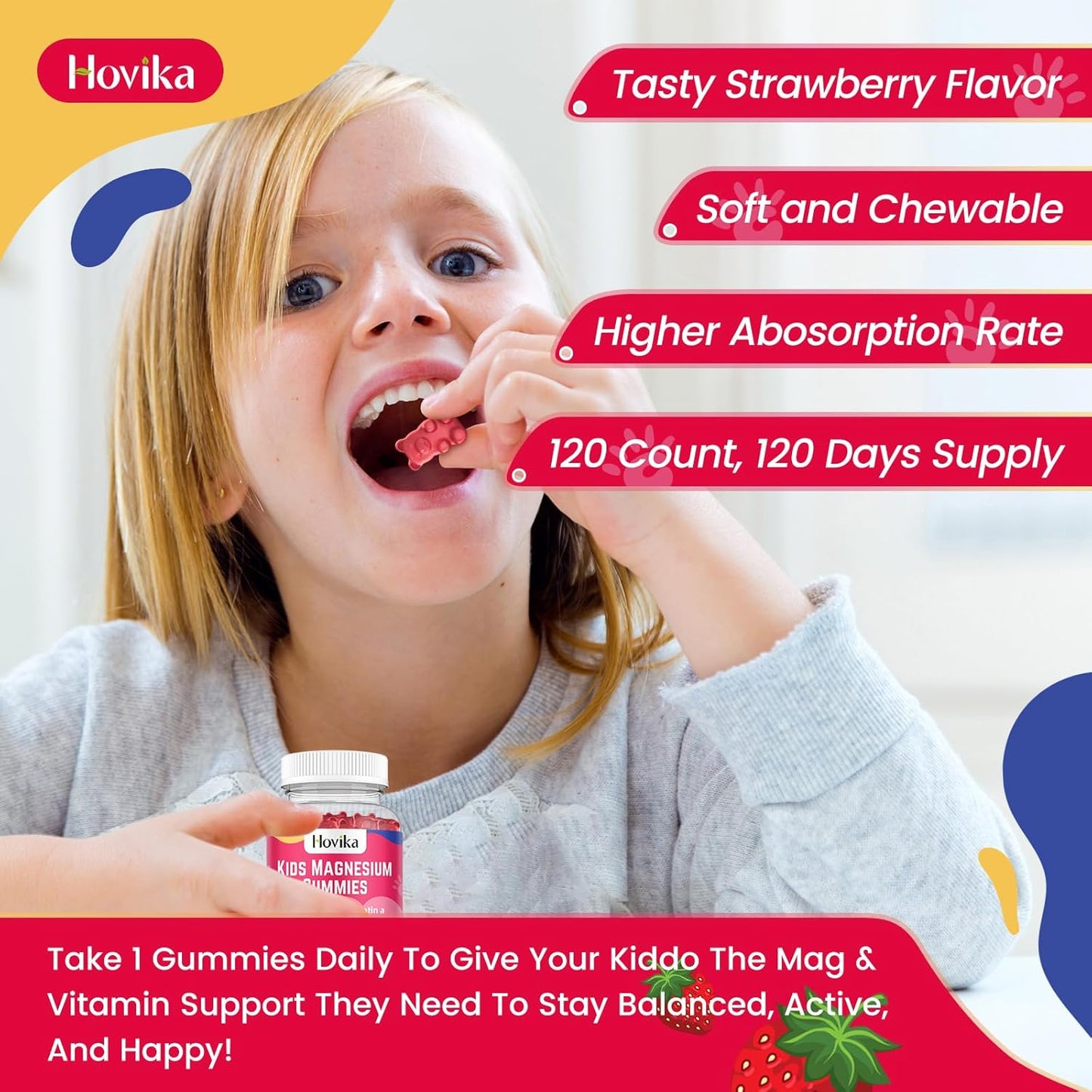 Kids Magnesium Citrate Gummies - Vegan Strawberry Flavor Supplement for Nerve, Bone, & Muscle Health - 2 Pack, 60 Count