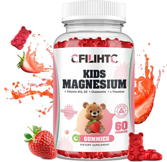 Kids Magnesium Gummies with Zinc, Vitamin D3, B12 for Sleep, Bone & Muscle Health, Strawberry Flavor - 60ct