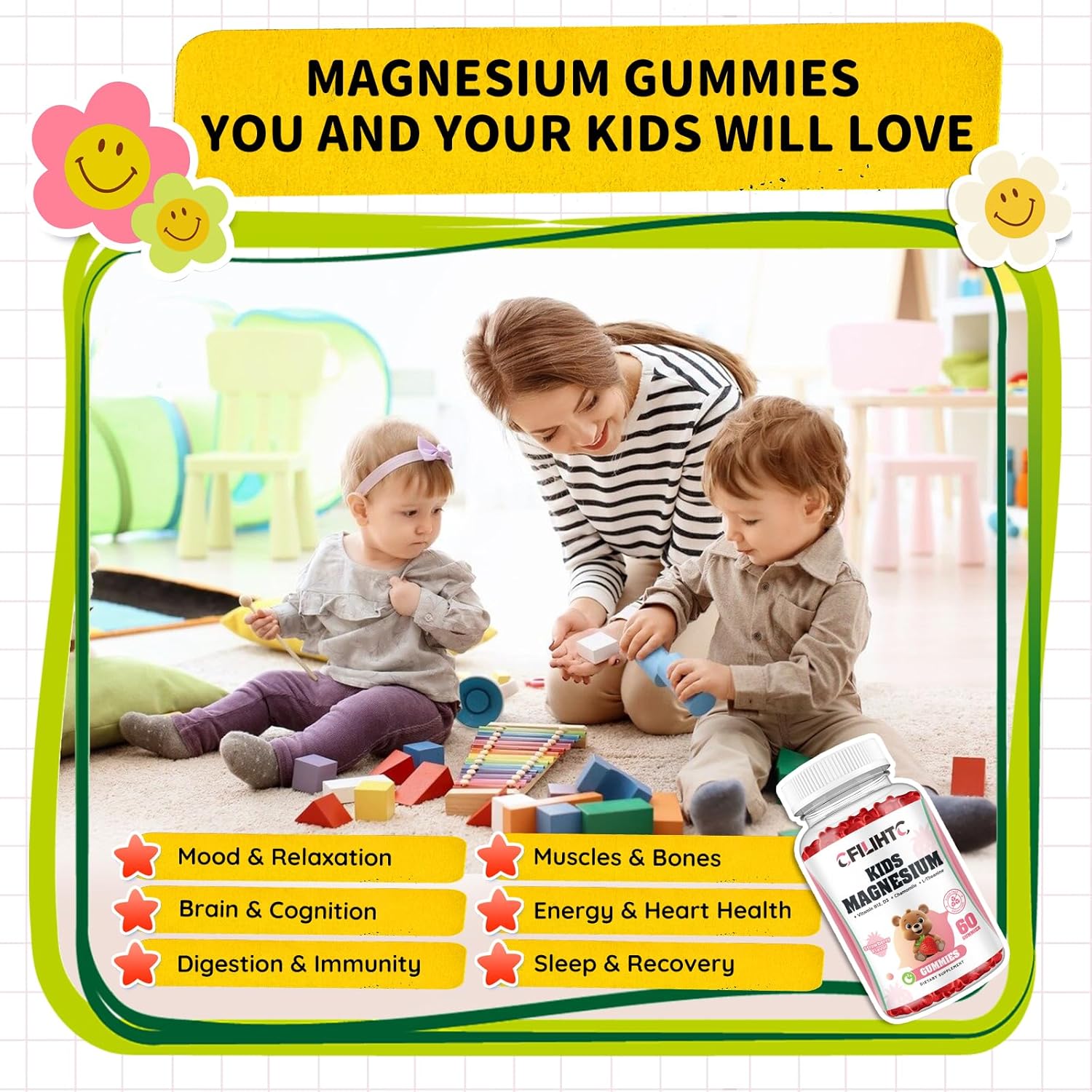 Kids Magnesium Gummies with Zinc, Vitamin D3, B12 for Sleep, Bone & Muscle Health, Strawberry Flavor - 60ct