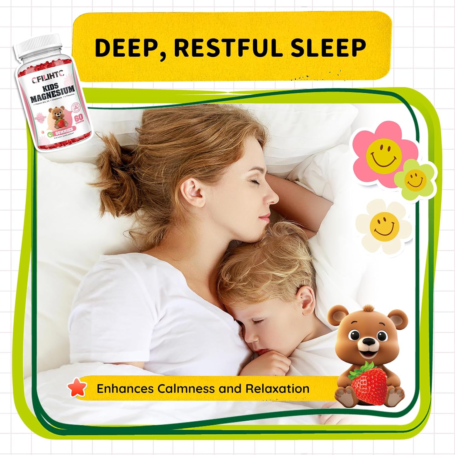 Kids Magnesium Gummies with Zinc, Vitamin D3, B12 for Sleep, Bone & Muscle Health, Strawberry Flavor - 60ct