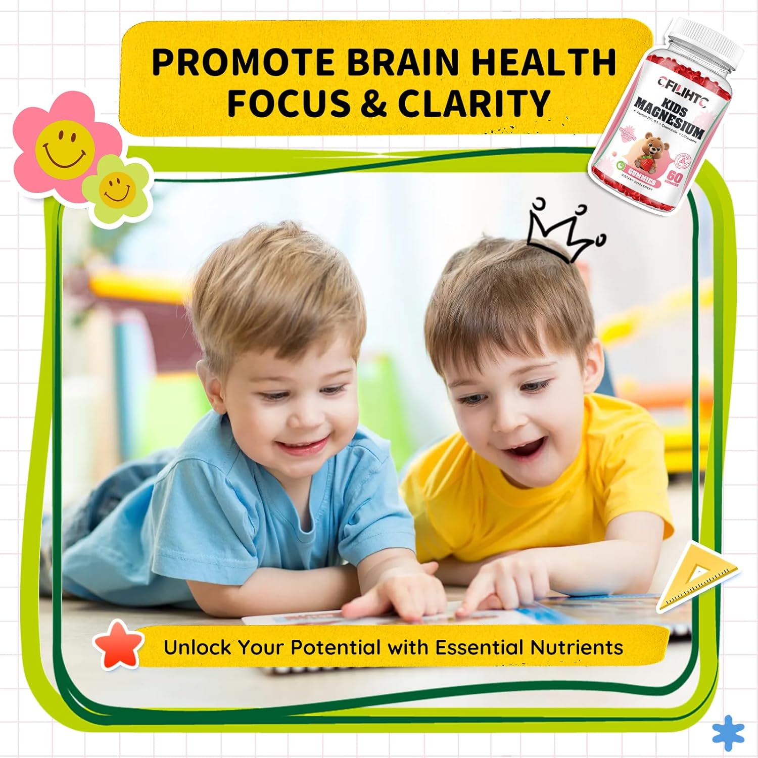 Kids Magnesium Gummies with Zinc, Vitamin D3, B12 for Sleep, Bone & Muscle Health, Strawberry Flavor - 60ct