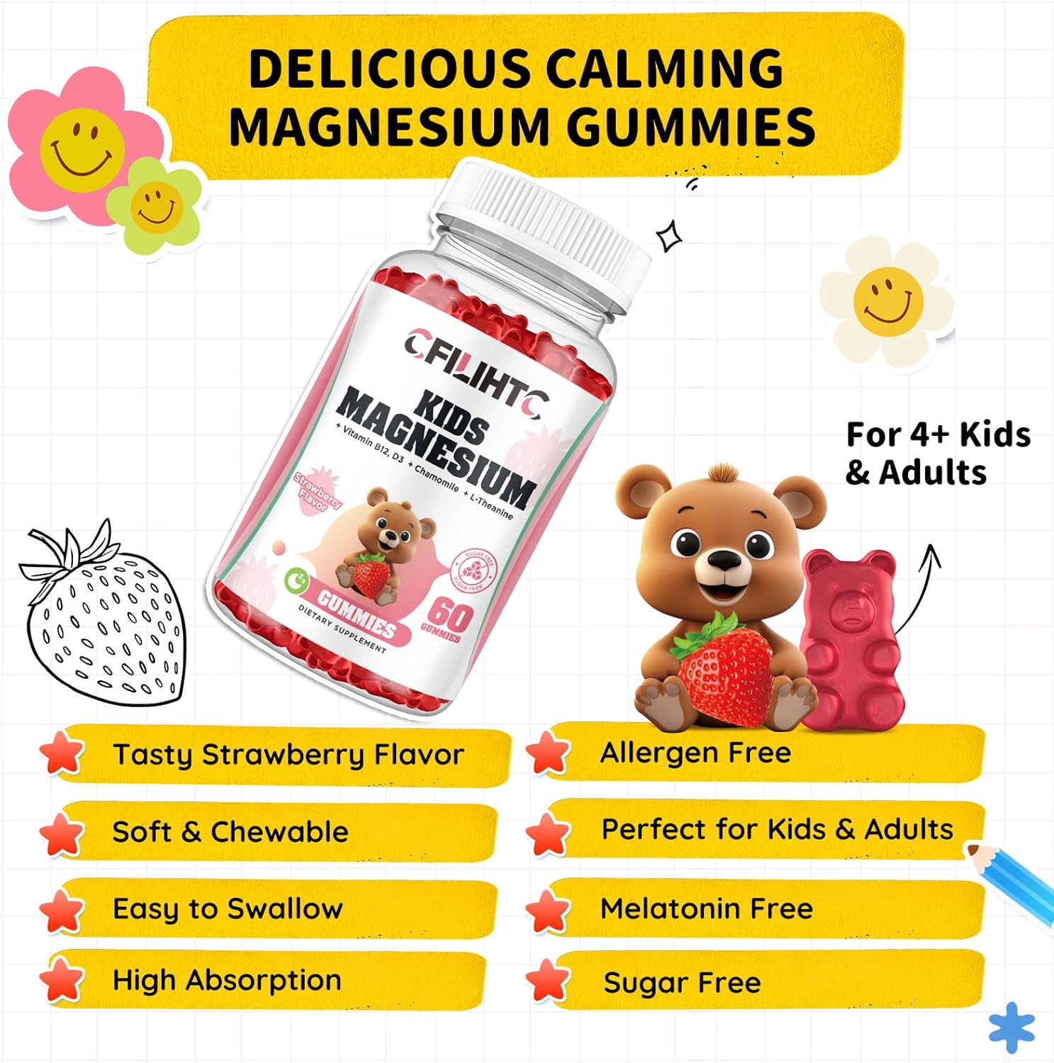 Kids Magnesium Gummies with Zinc, Vitamin D3, B12 for Sleep, Bone & Muscle Health, Strawberry Flavor - 60ct