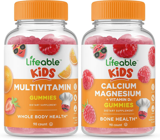Kids Multivitamin and Calcium Magnesium Gummies Bundle - Gluten-Free, GMO-Free, Chewable Supplement for Children