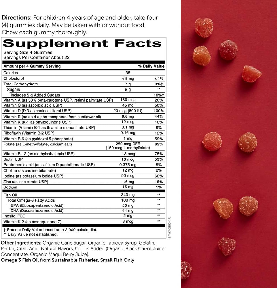 Kids Multivitamin Gummies with Omega 3 Fish Oil, Vitamin D3, C, B12, B6, A, K & Zinc - Immune Support, Grape, Cherry & Berry Flavors - 90 Count