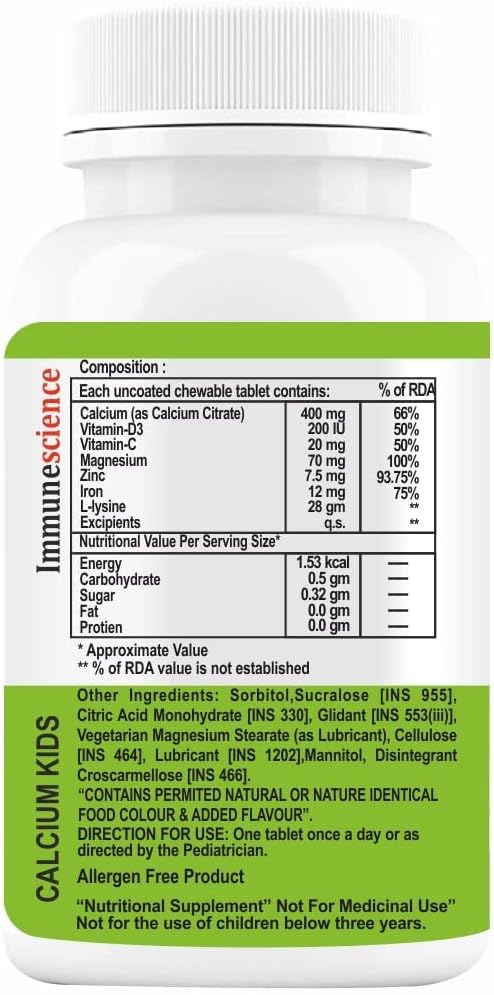 Kids Multivitamin Supplement with Calcium, Vitamin D3, Magnesium, Zinc, Vitamin C, L-lysine - Supports Strong Bones, Immunity, Growth & Development - 480 Tablets