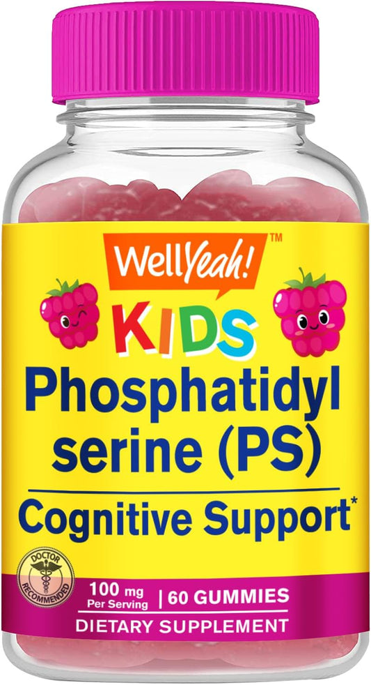 Kid's Phosphatidylserine Gummies - 100mg Cognitive Support Supplement - Raspberry Flavor - Gluten Free, Non GMO - 60 Count