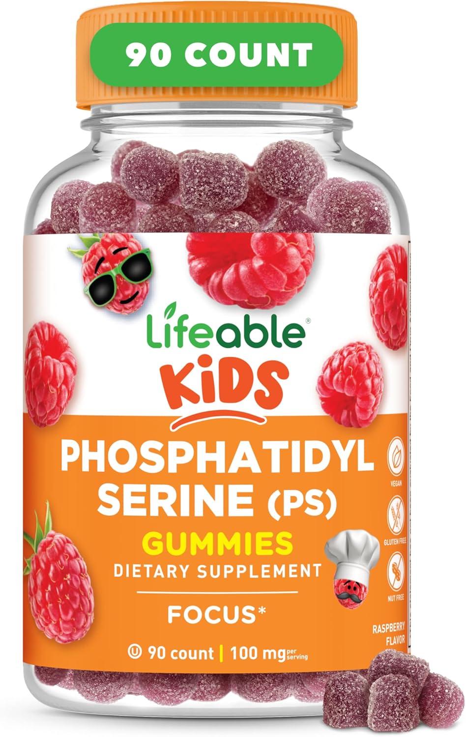 Kids Phosphatidylserine (PS100) Gummies - 100mg Focus Supplement - Great Tasting - 90 Count