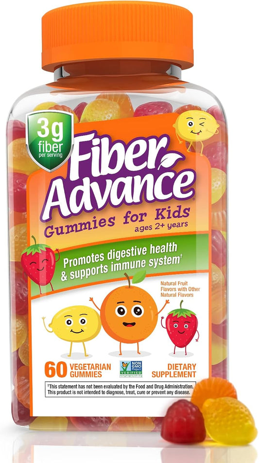 Kids Prebiotic Fiber Gummies - Plant Based Digestive Health Supplements with Vitamins - Gluten Free & Non-GMO - 60 Count