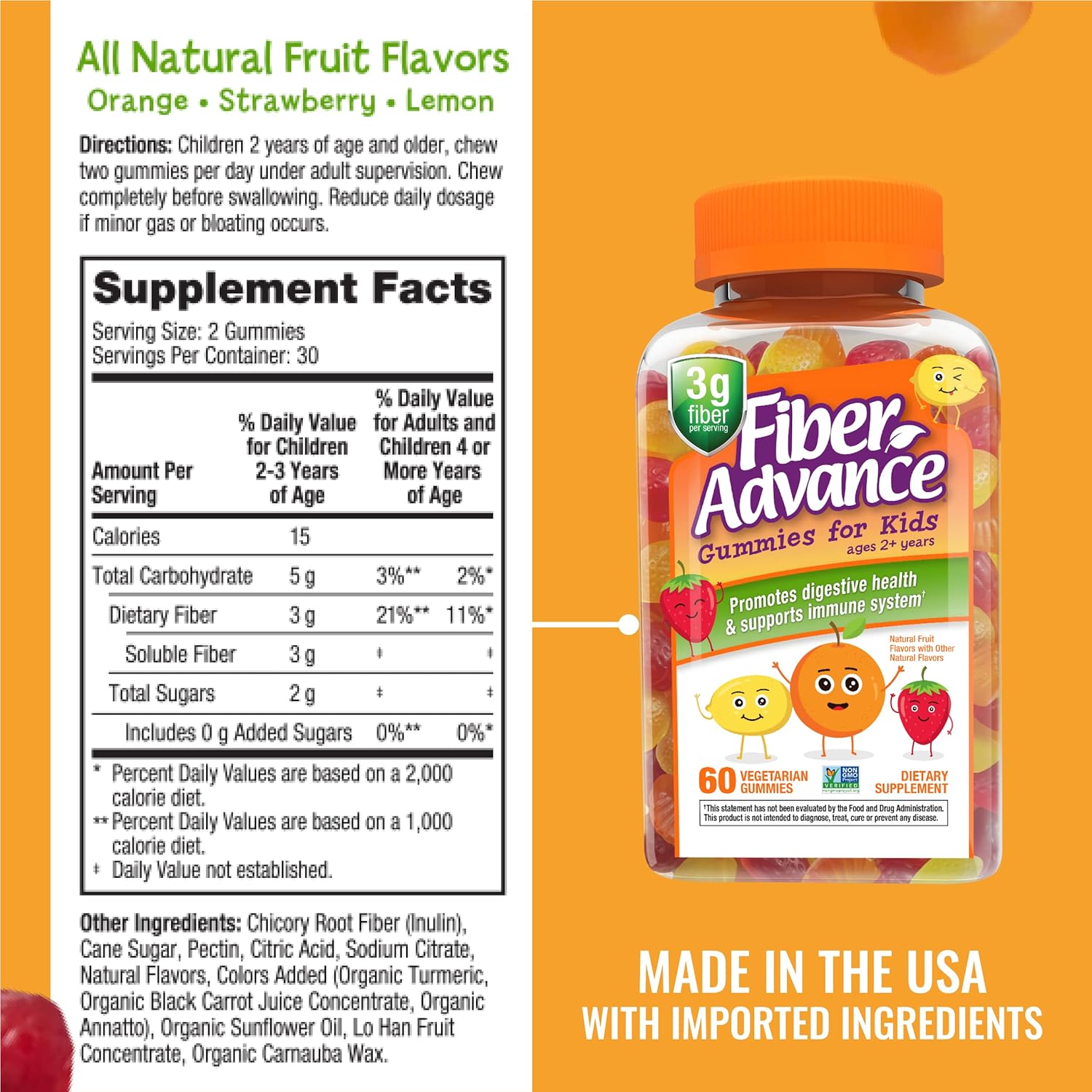 Kids Prebiotic Fiber Gummies - Plant Based Digestive Health Supplements with Vitamins - Gluten Free & Non-GMO - 60 Count