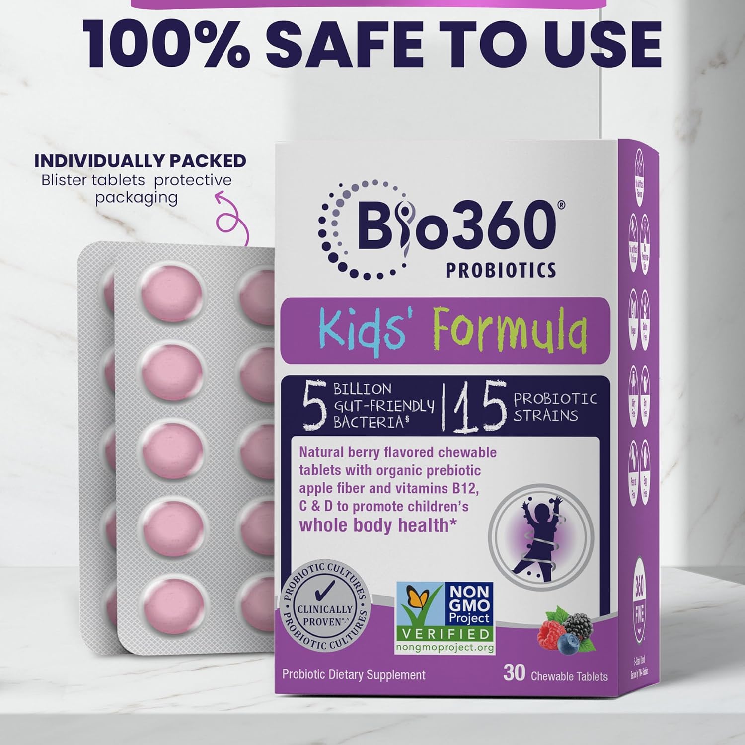 Kids Probiotic Chewables with 15 Strains & 5 Billion CFU for Brain, Immune & Digestive Health - Organic Prebiotics for Gut & Constipation - Mixed Berry Flavor - 30 Count