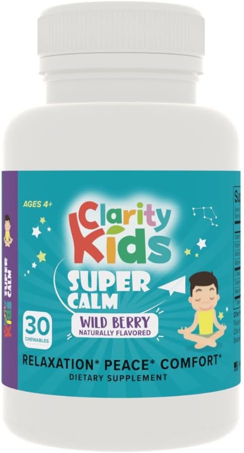 Kids Super Calm Magnesium Chewable Vitamin for Relaxation & Focus with L-Theanine | All Natural Calm Supplement | USA Made | 30 Piece